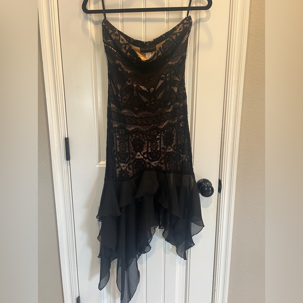 Jessica McClintock Black and Tan High Low Lace Dress